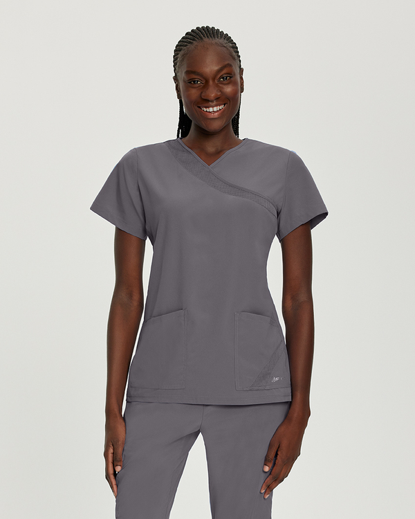 Photo of White Cross Scrubs Mock Wrap Solid Top Color Pewter Main Vue 005