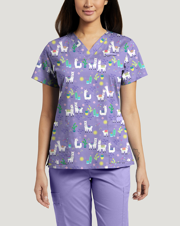 Image of Llamaste Printed V-Neck Top Nurse Scrub Style # 618LMST