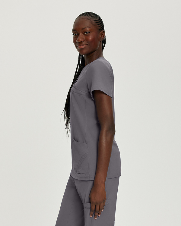 Photo of White Cross Scrubs Mock Wrap Solid Top Color Pewter Side Vue 009