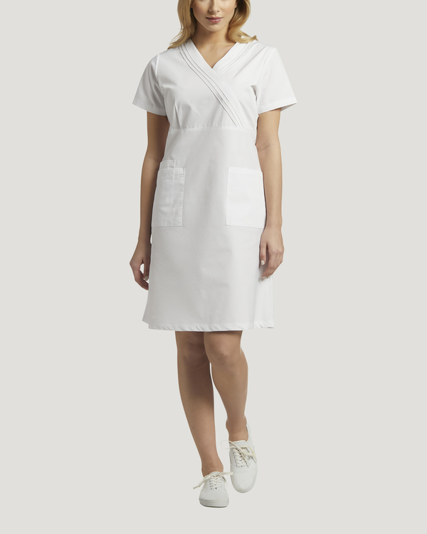 Photo of White Cross Scrubs Pleated Mock Wrap Dresse Color  Vue 8014-WHI.jpg