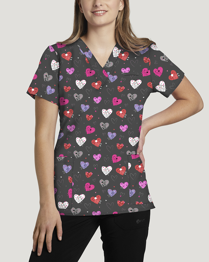 Image of Puppy Love Printed V-Neck Top Nurse Scrub Style # 618PPLV