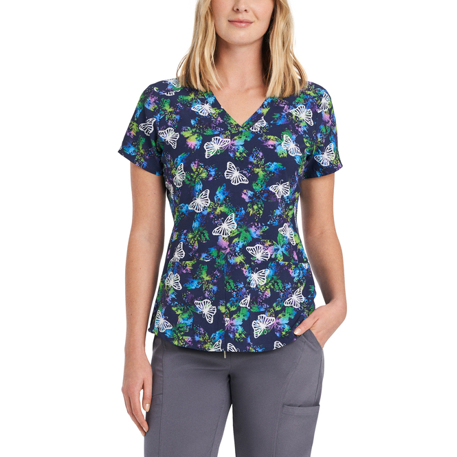 Photo de WT307PSBF - Haut d'uniforme médical à col en V à 2 poches pour femmes Psychedelic Butterfly Vue devant