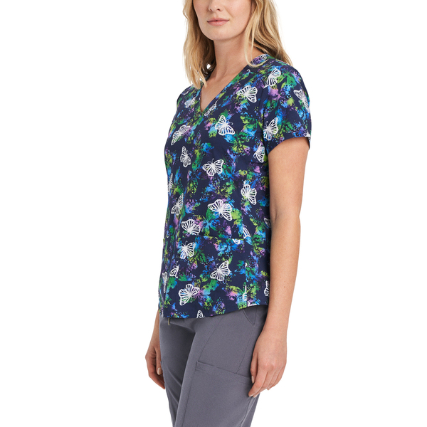 Photo of WT307PSBF - Women's 2-Pocket V-Neck Scrub Top Psychedelic Butterfly Side view