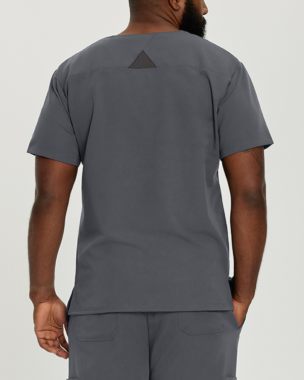 Photo of White Cross Scrubs Detailed Chest Pocket V-Neck Top Color Taylor Grey Back Vue 005