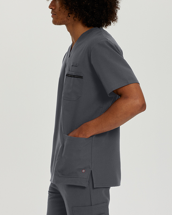Photo of White Cross Scrubs Detailed Chest Pocket V-Neck Top Color Taylor Grey Side Vue 005