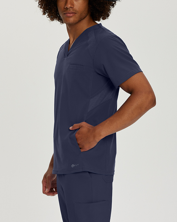 Photo de l'uniforme White Cross Haut col en V à empiècements techniques FIT Couleur Bleu Marin  Vue Côté 003