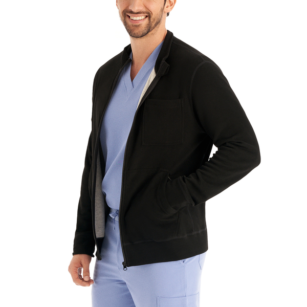 Photo of  WJ706 - Unisex Warm-Up Scrub Jacket Black/Heather Pewter Side view
