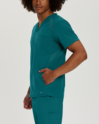 Photo of White Cross Scrubs FIT V-Neck Solid Top for Men Color Caribbean Side Vue 003