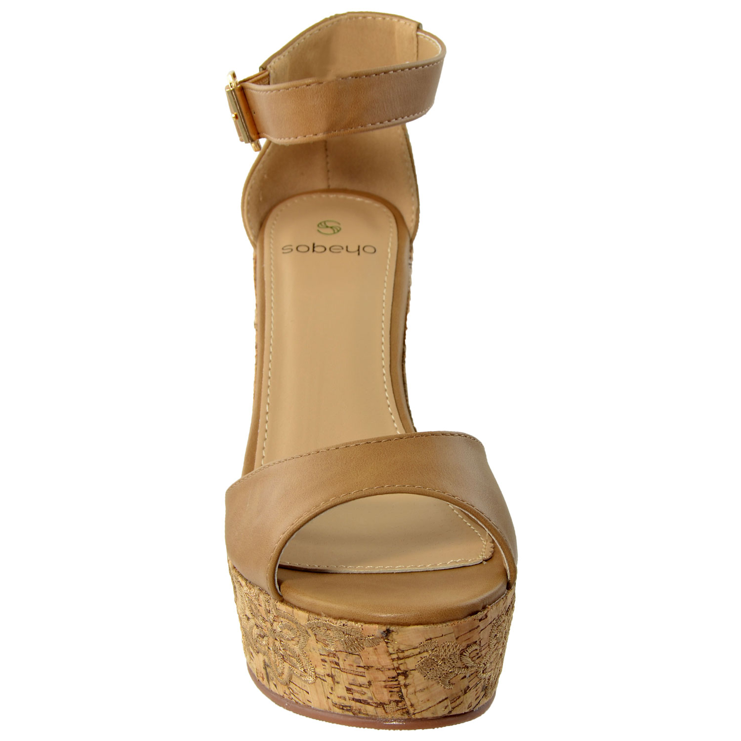 Platform Ankle Strap Cork Heel Wedges Tan - BelleChic