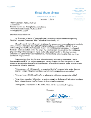 Senator Fischer Letter To Administrator Sullivan