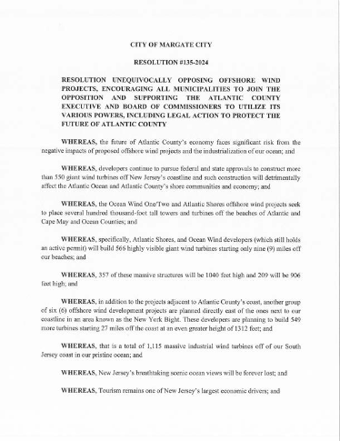 WindAction | City of Margate NJ resolution opposing offshore wind - Vimarsana News