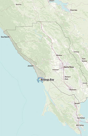 Map of Bodega Bay in Sonoma County, CA