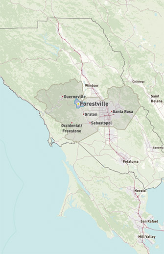 Map of Forestville City in Sonoma County