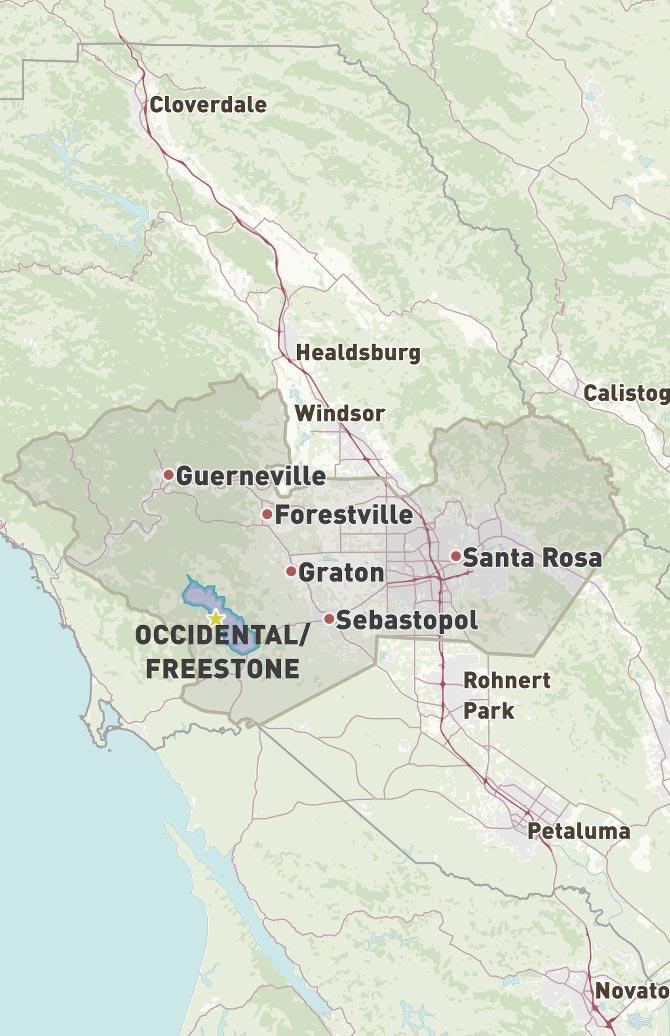 Map of Freestone, CA and Occidental, CA