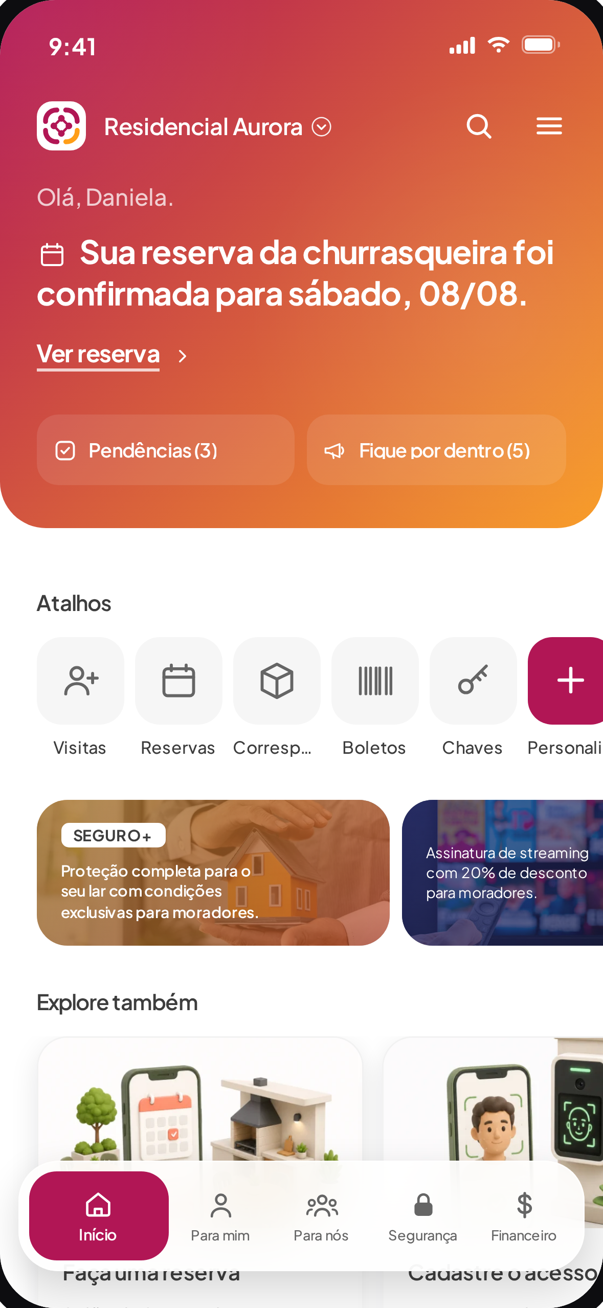 Tela inicial do App Winker com pendências do morador, atalhos personalizados e serviços da administradora