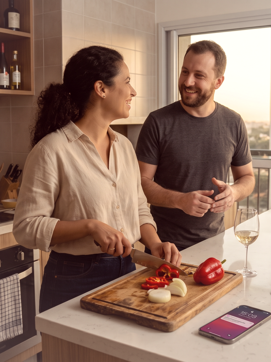 Casal na cozinha do apartamento com o celular sobre a bancada