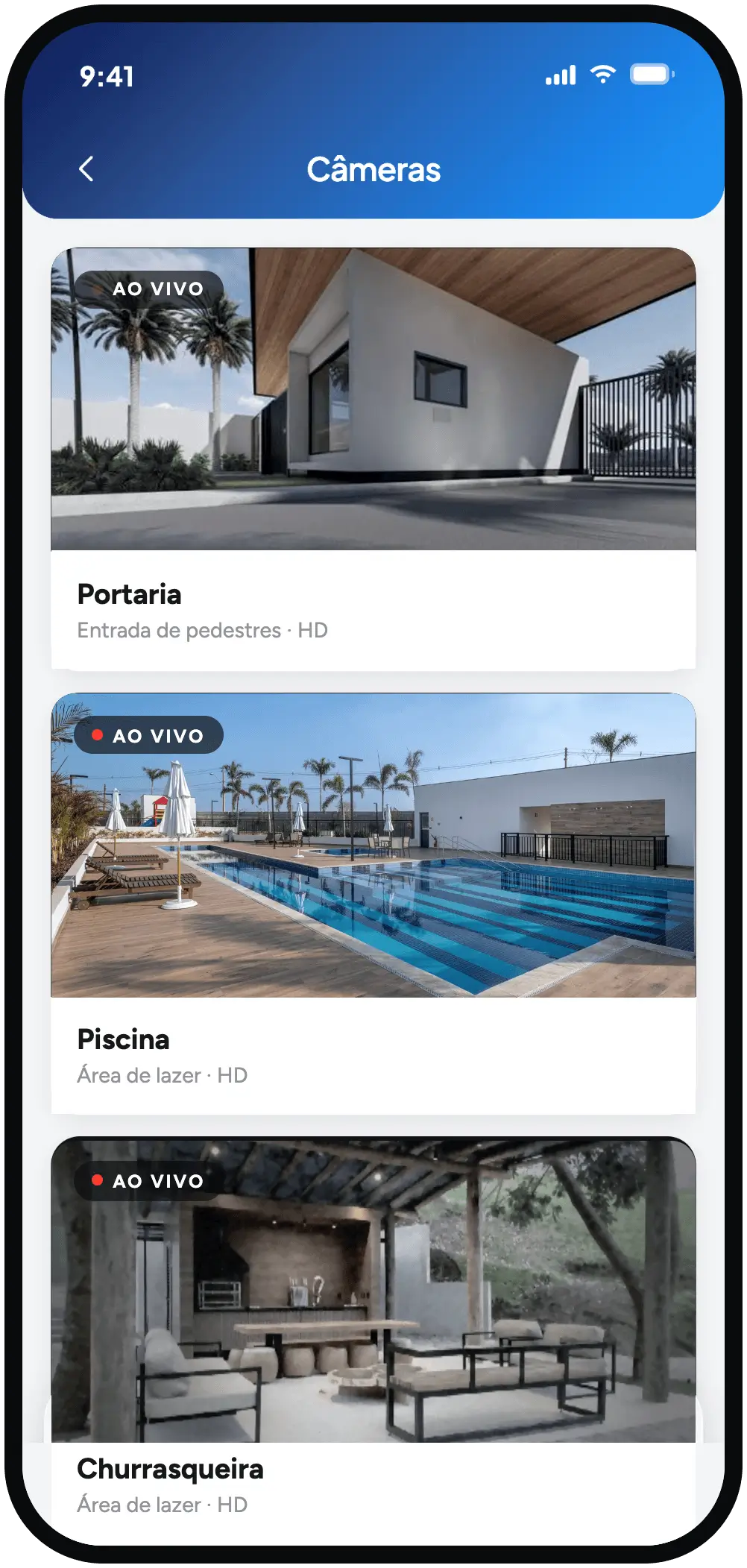 Câmeras ao vivo da portaria, piscina e churrasqueira no app Winker Access