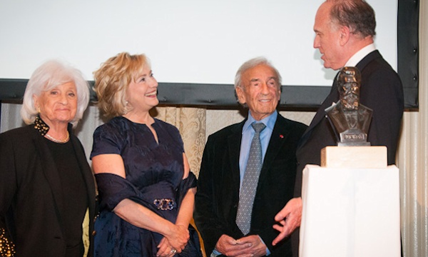 Left to right: Marion Wiesel, Hillary Rodham Clinton, Elie Wiesel, Ronald Lauder