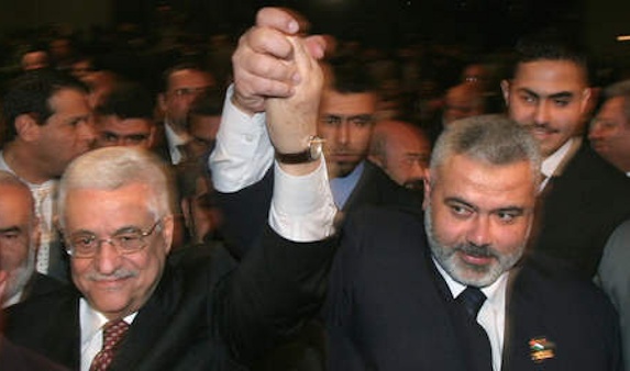 Mahmoud Abbas with Hamas leader Ismail Haniyeh in 2011