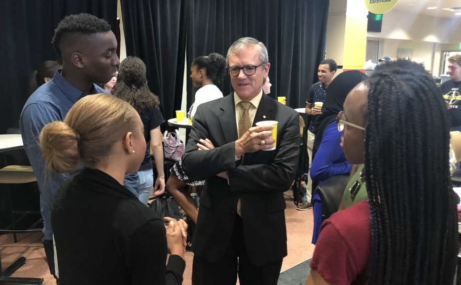 UCF’s 5th President Dale Whittaker talks with students on July 2, 2018. Whittaker announced his resignation. Photo: Christen Kelley