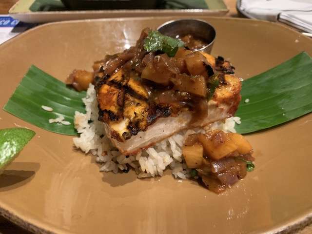 The first of the seasonal entrees we sampled was the Swordfish al Pastor, grilled fillets seasoned with garlic, achiote and red chile and topped with a smoked pineapple salsa heated up with a bit of chipotle. Photo: Scott Joseph