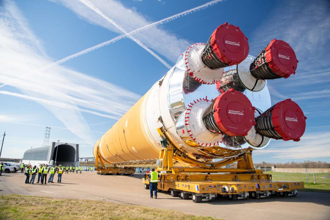 The first Artemis rocket stage is guided toward NASA’s Pegasus barge Jan. 8 ahead of its forthcoming journey to NASA’s Stennis Space Center near Bay St. Louis, Mississippi. Photo: NASA