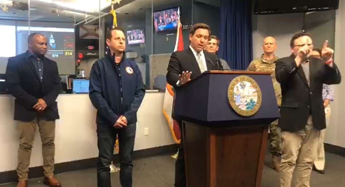 In this image from Facebook video, Gov. Ron DeSantis speaks at a press conference Wednesday afternoon.