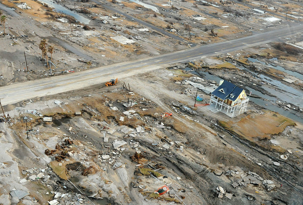 An aerial view of the storm surge damage Hurricane Ike inflicted upon Gilchrist, Texas.