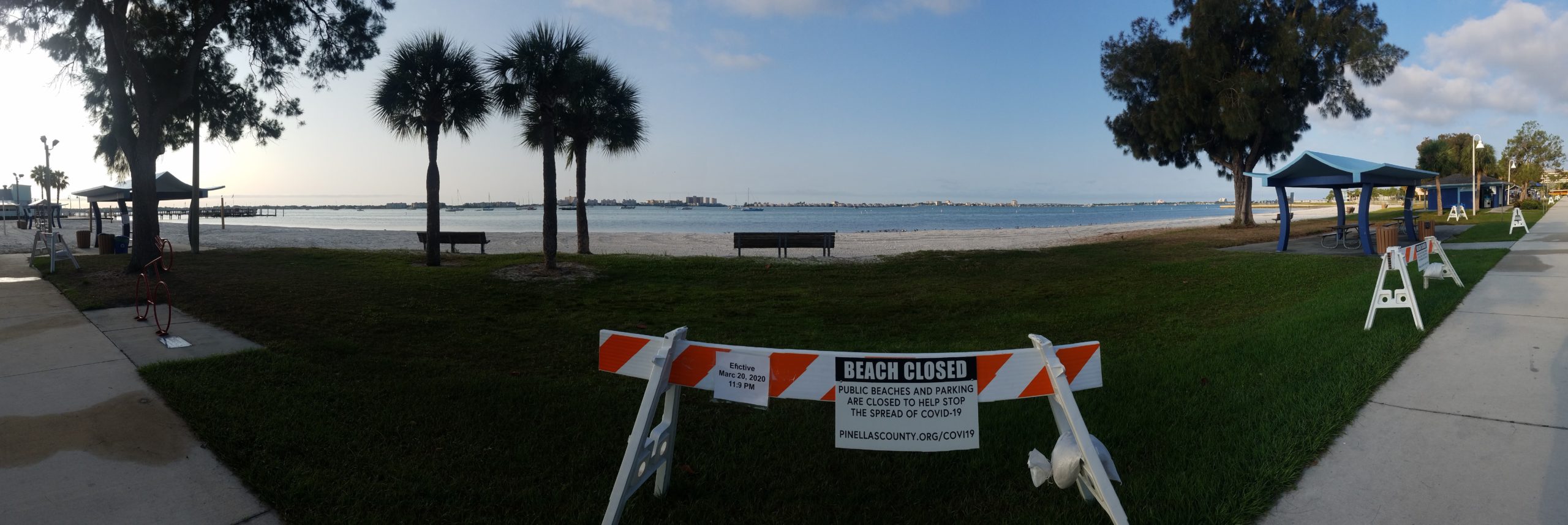 Gulfport, Florida beach panorama. The beach is closed due to social distancing measures for coronavirus