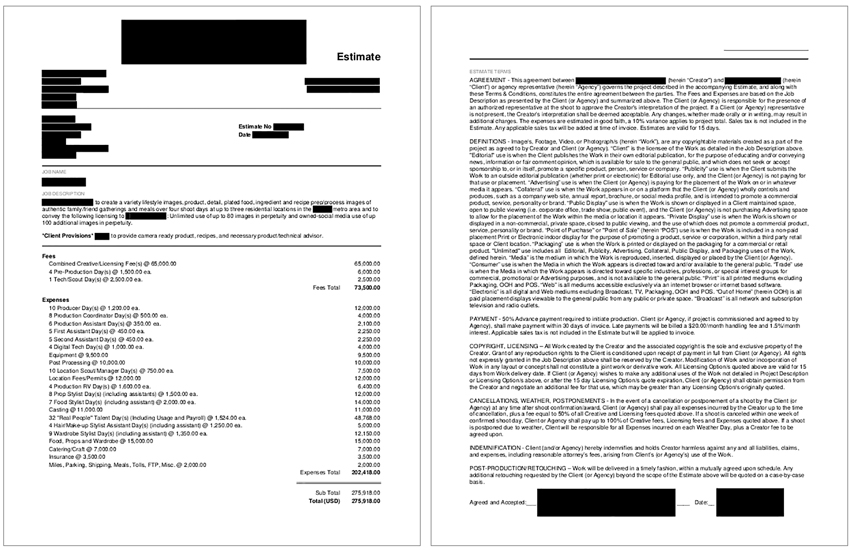 Screenshot of a redacted real-world photographic estimate