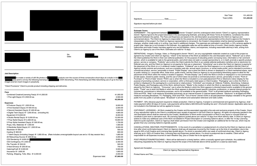 PDF of pricing and negotiating estimate for a US American home goods brand