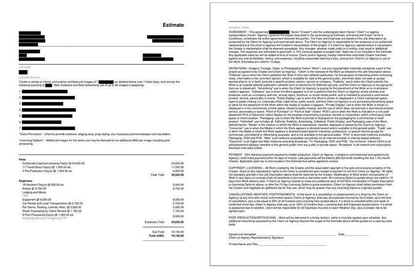 Estimate for Architectural Images for International Hotel Chain