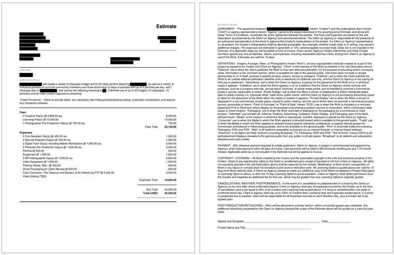 image of redacted photographic bid for a case study in pricing and negotiating by Wonderful Machine Executive Producer Craig Oppenheimer