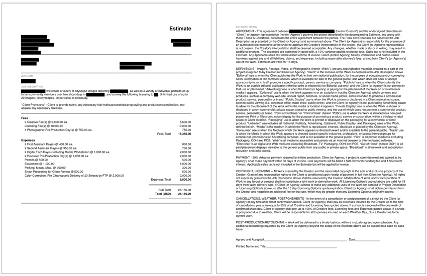 image of redacted photographic bid for a case study in pricing and negotiating by Wonderful Machine Executive Producer Craig Oppenheimer