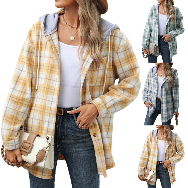 Hooded Multi-button Plaid Long Sleeve Loose Woolen Coat - Image 2