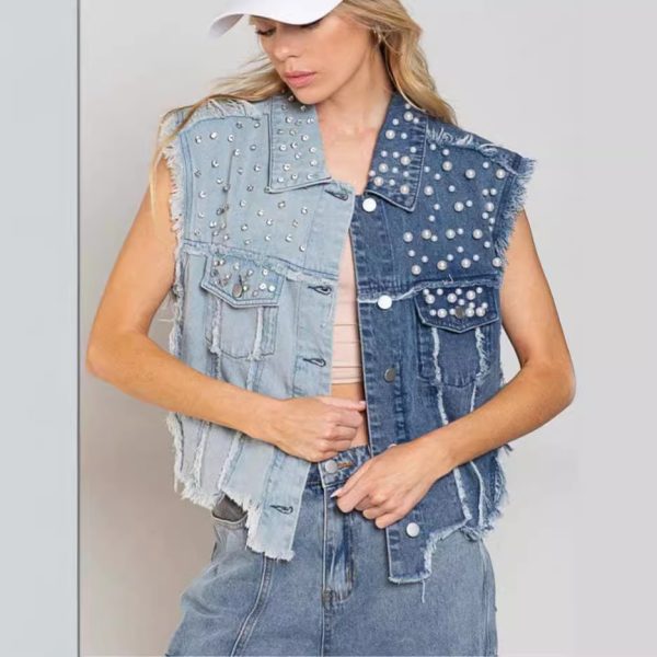Splicing Beads Loose Women's Short Denim Vest - Image 3