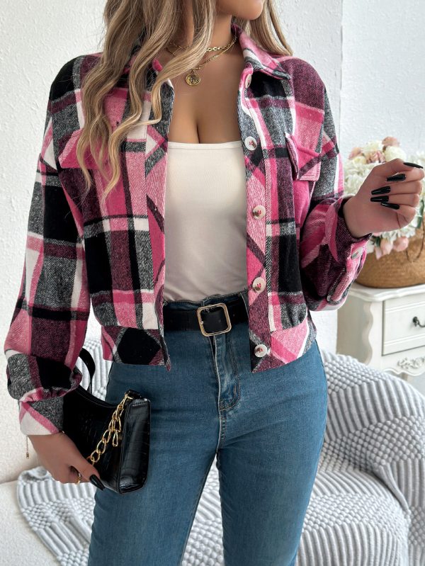 Plaid Faux Pocket Long Sleeve Woolen Cloth Jacket Coat - Image 8