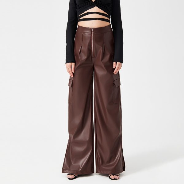 Fashion PU Trousers Metal Zipper Pocket Long Pants - Image 2