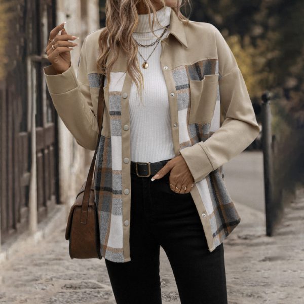 Lapel Pocket Plaid Colorblock Coat - Image 2