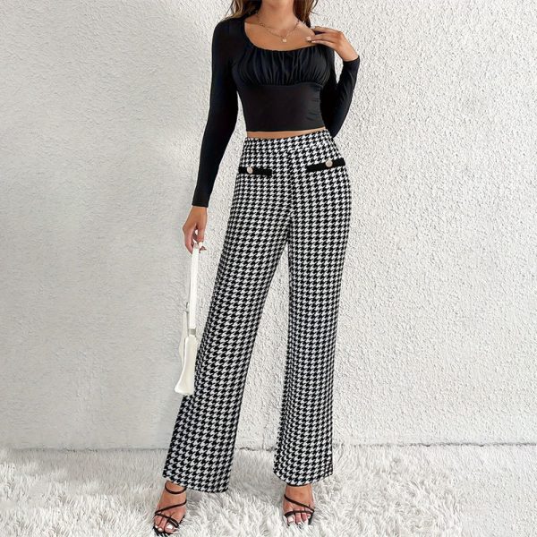 Faux Pocket Fastener Decoration Straight Wide Leg Pants Trousers - Image 6