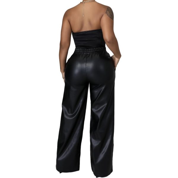 Solid Color Loose Wide Leg Pocket PU Leather Pants - Image 6