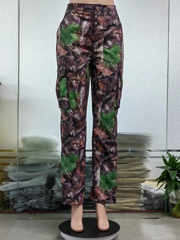 Leaf Print Straight High Waist Pocket Multi-color Overalls - Image 6
