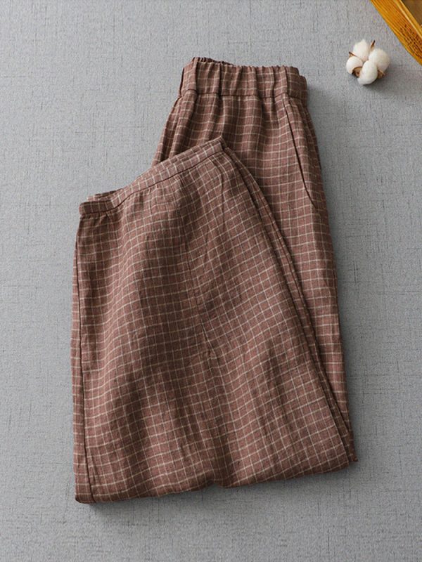 Plaid Linen Pants Women's Casual Plus Size - Image 2