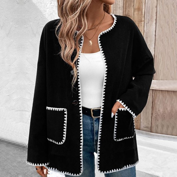 Loose Color Matching Long Sleeve Pocket Coat Women - Image 6