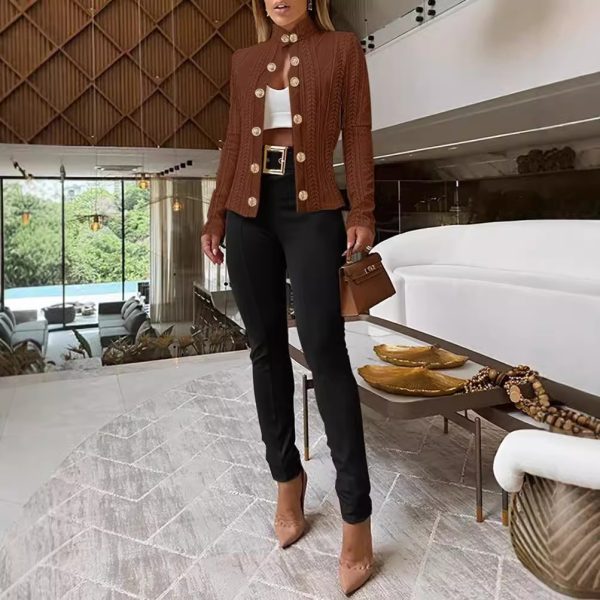 Women's Long-sleeved Slim-fit Coat With Metal Buckle And Stand Collar - Image 4