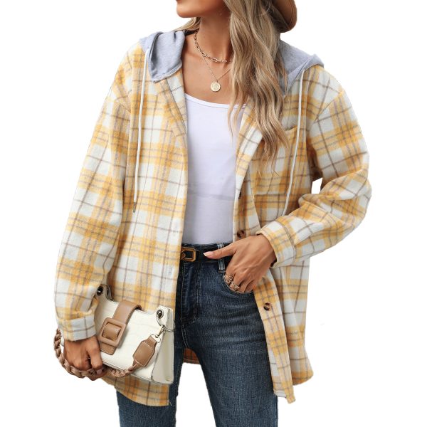 Hooded Multi-button Plaid Long Sleeve Loose Woolen Coat - Image 3