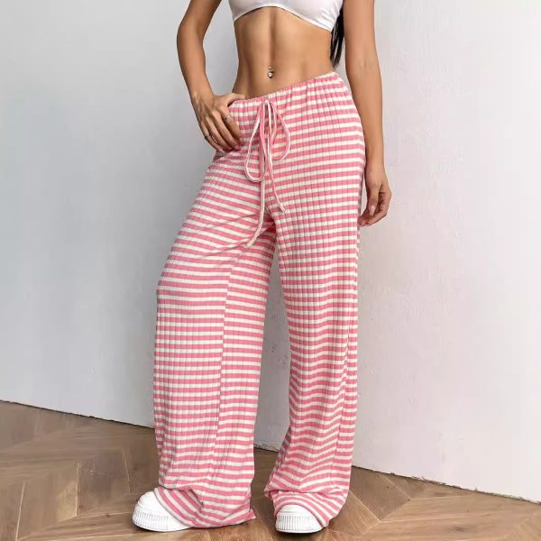 Women's Casual Striped Solid Color Drawstring Straight-leg Pants - Image 2