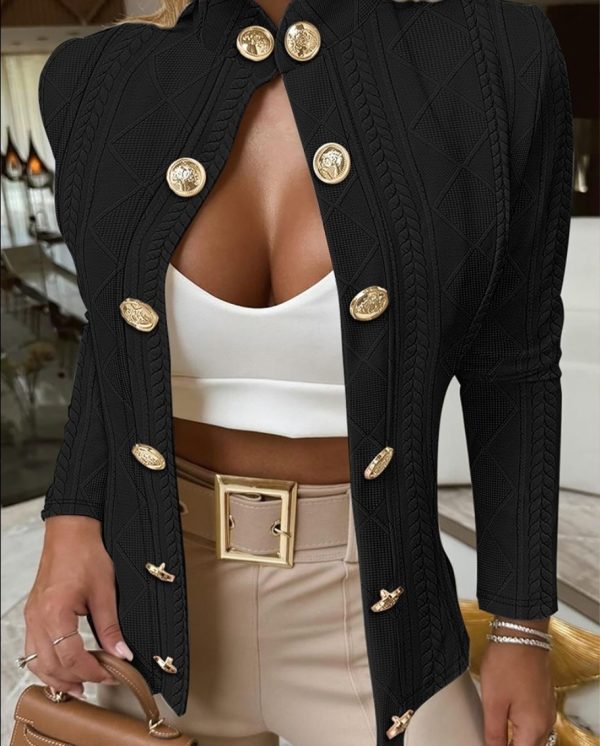 Women's Long-sleeved Slim-fit Coat With Metal Buckle And Stand Collar - Image 7