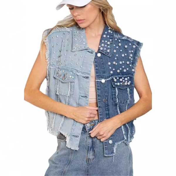 Splicing Beads Loose Women's Short Denim Vest - Image 5