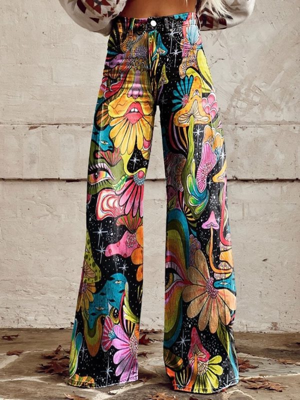 Casual Printed Denim Wide Leg Pants - Image 2